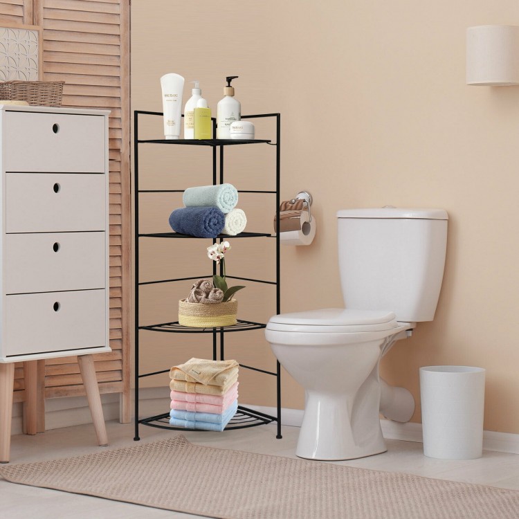 4-tier folding metal shelf in black for plant display, featuring a sturdy frame and space-saving design for home or.