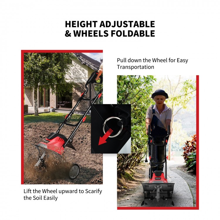 14-inch electric tiller with foldable wheels and adjustable height, ideal for small to medium-sized gardens.