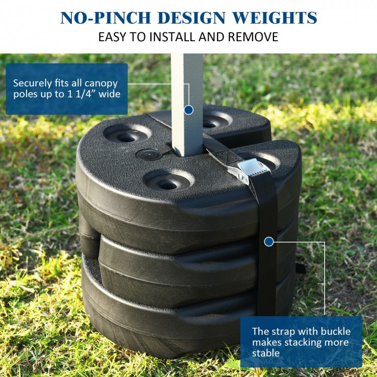 Set of 6 canopy weights with no-pinch design, securely fits poles up to 1.25'' wide, ideal for outdoor events.