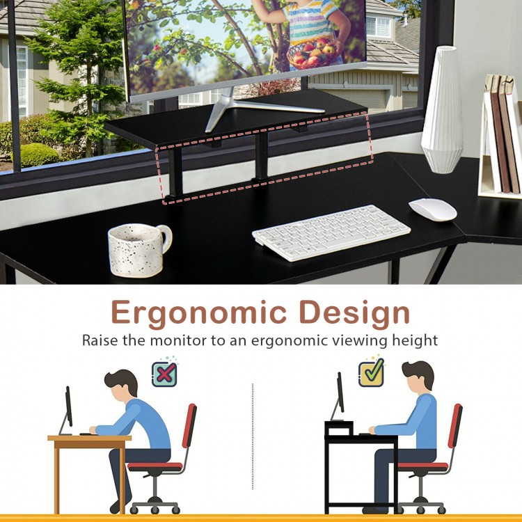 L-shaped reversible computer desk with monitor stand, ergonomic design, black finish, ideal for home office use.