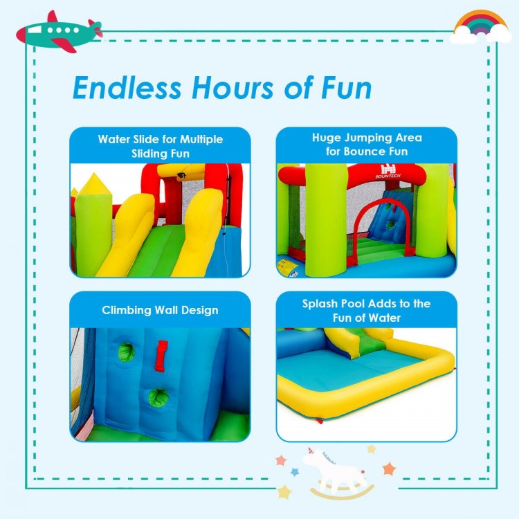 Inflatable bounce house water slide with climbing wall, splash pool, and mesh walls for safety, perfect for outdoor fun.
