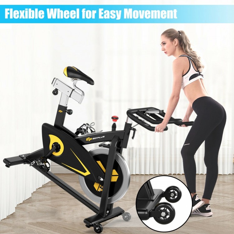Magnetic exercise bike with adjustable resistance, 30 lbs flywheel, and flexible wheels for easy movement during.