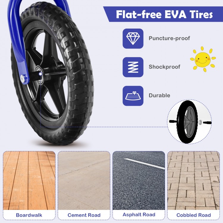 Close-up of flat-free EVA tire on a kids balance bike, showcasing durability and puncture-proof design for various.