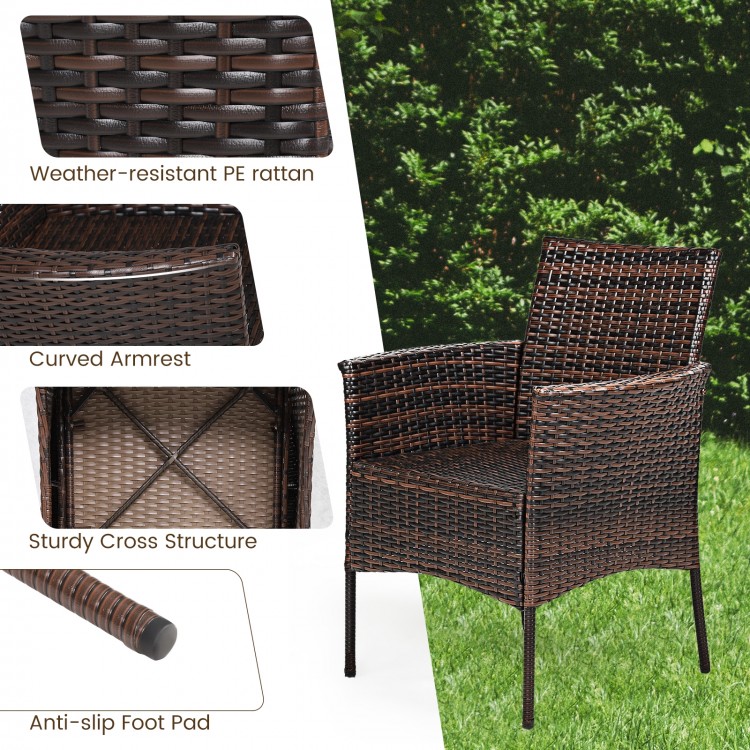 Outdoor PE rattan armchair with curved armrests, removable waterproof cushion, and anti-slip foot pads for stability.
