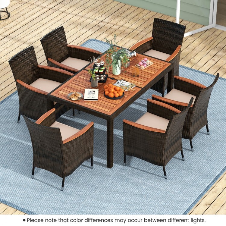 7-piece garden dining patio rattan set with acacia wood table, featuring 6 ergonomic chairs and cushions for backyard.