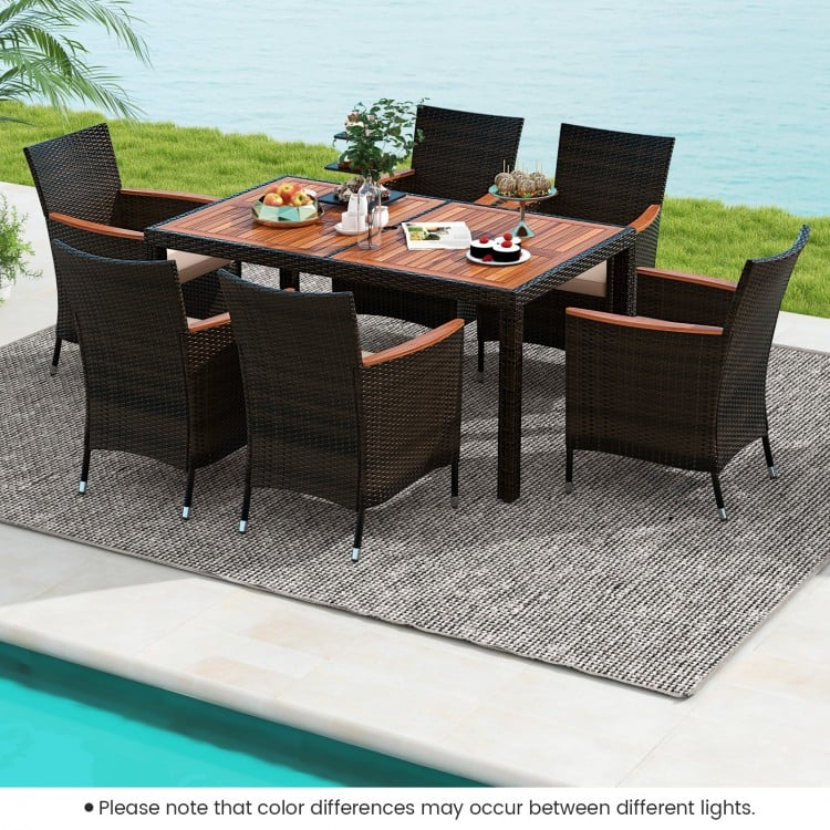 7-piece garden dining patio rattan set with acacia wood table, featuring 6 ergonomic chairs and cushions for outdoor.
