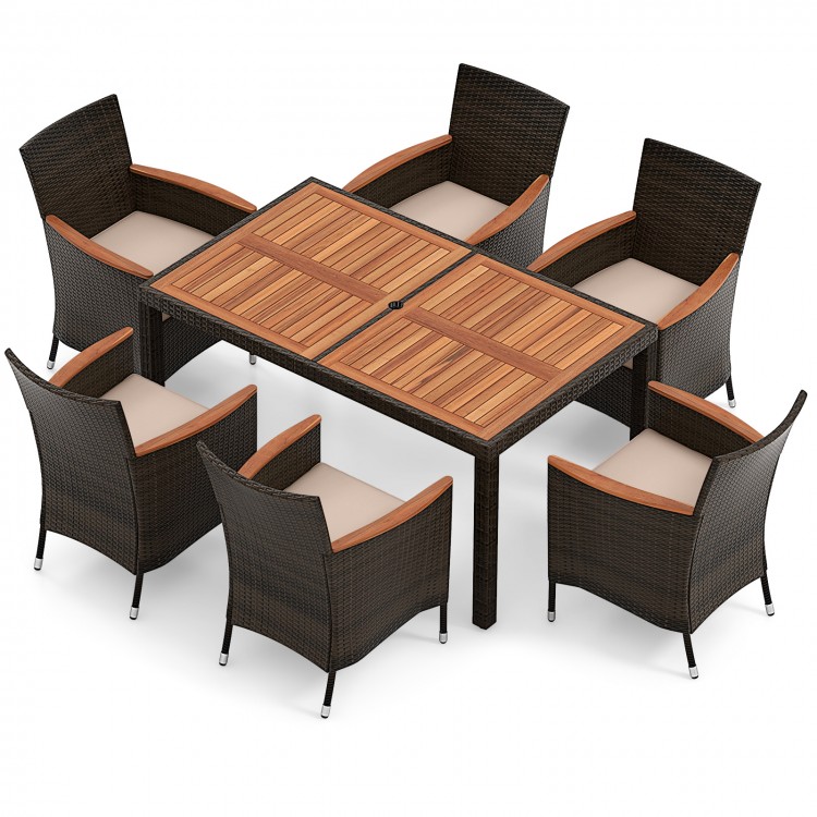 7-piece garden dining patio rattan set with acacia wood table top and cushions, perfect for backyard gatherings.