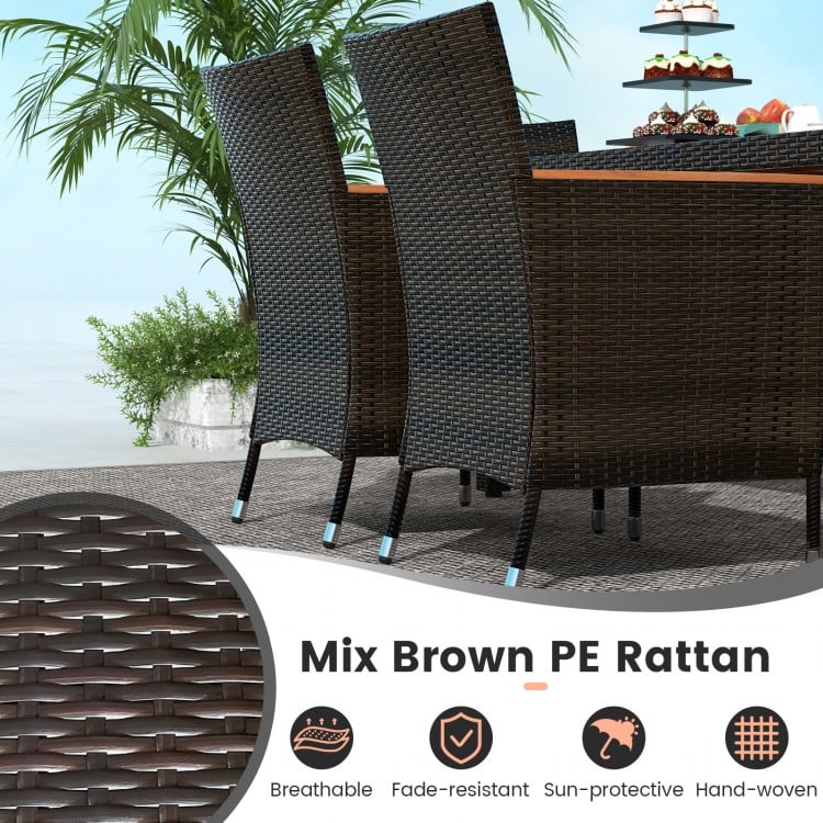 7-piece garden dining patio rattan set with cushions, featuring mix brown PE rattan and acacia wood table top for.