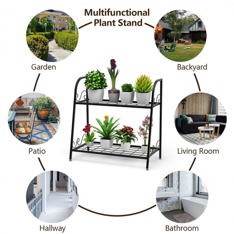 2-tier metal plant stand with a sturdy steel frame, ideal for garden or patio use, showcasing plants and decorations.
