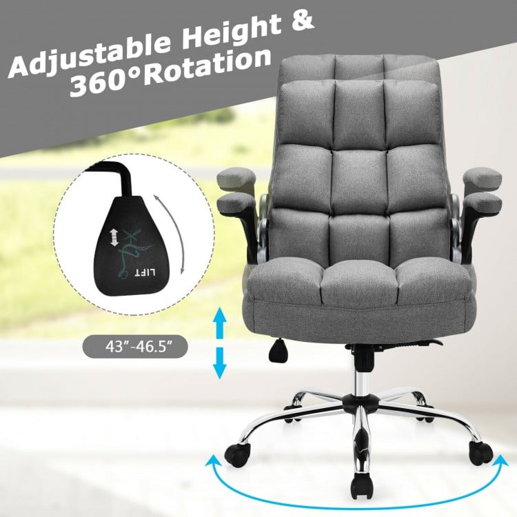 Adjustable swivel office chair in gray with high back, flip-up armrests, and ergonomic design for home or office use.