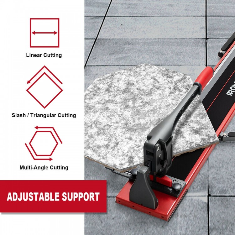 Manual tile cutter with adjustable support, sharp tungsten carbide blade, and measuring scale for accurate cutting.