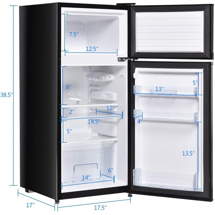 Compact black refrigerator with adjustable shelves and integrated door storage, ideal for dorms and small spaces.