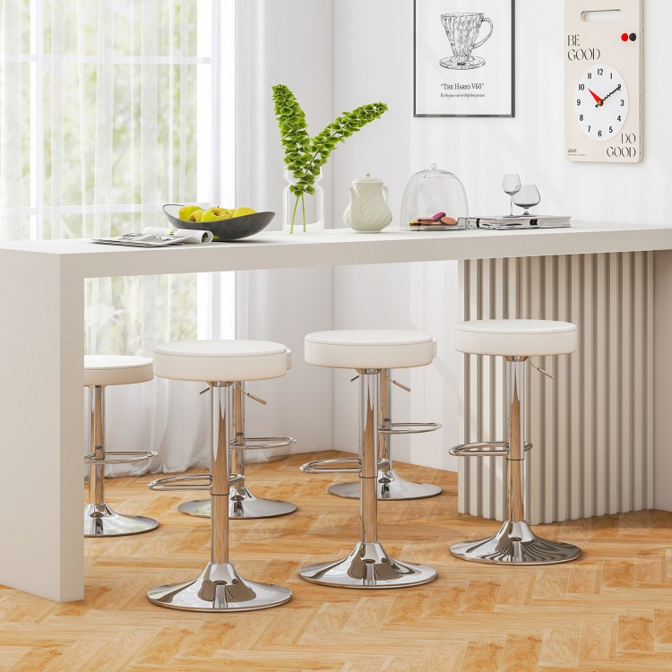 Set of 2 white PU leather swivel bar stools with chrome footrest, adjustable height, perfect for kitchen or bar seating.