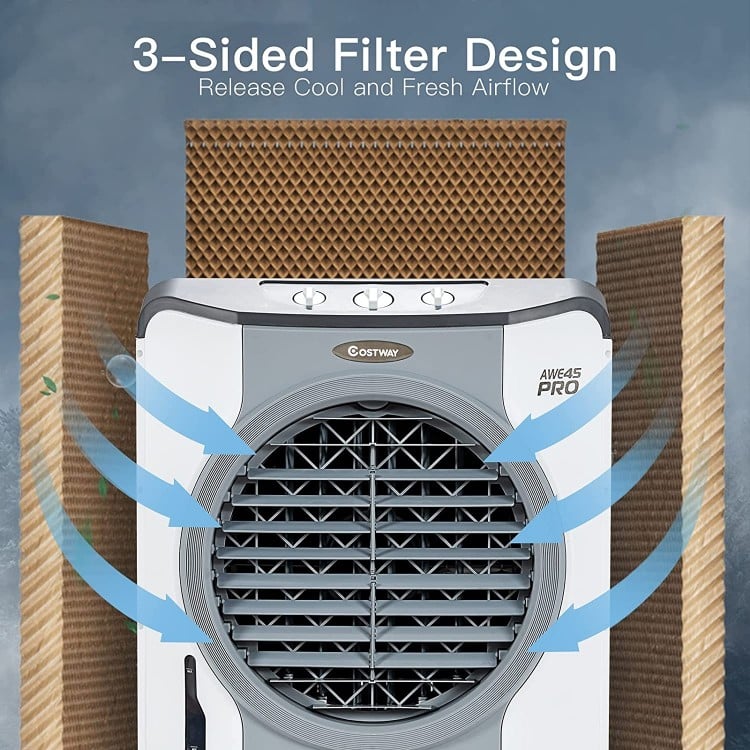3-sided filter design of the 4-in-1 industrial evaporative air cooler for efficient airflow and cooling in large spaces.