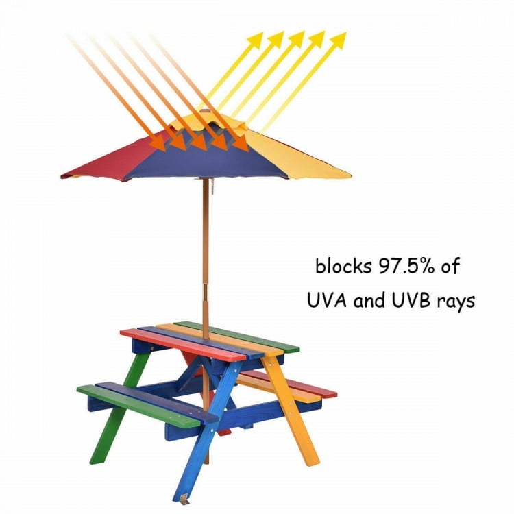 Multicolor kids picnic table with umbrella, made of eco-friendly fir wood, perfect for outdoor meals and play.