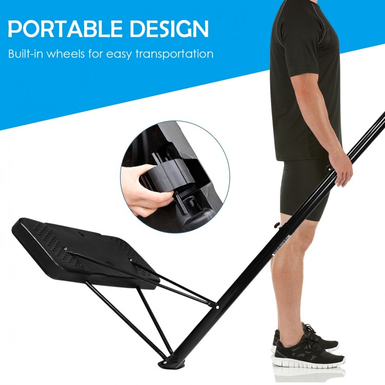 Height adjustable basketball hoop with portable design, built-in wheels for easy transportation and durable steel frame.