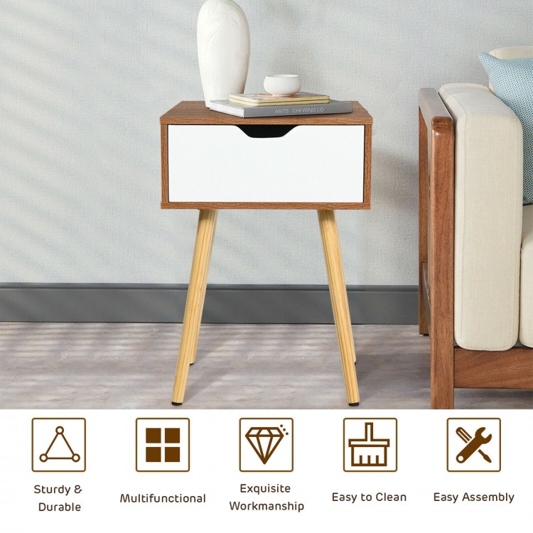 End side storage drawer nightstand with solid wooden legs, showcasing a sleek design and durable MDF construction for.