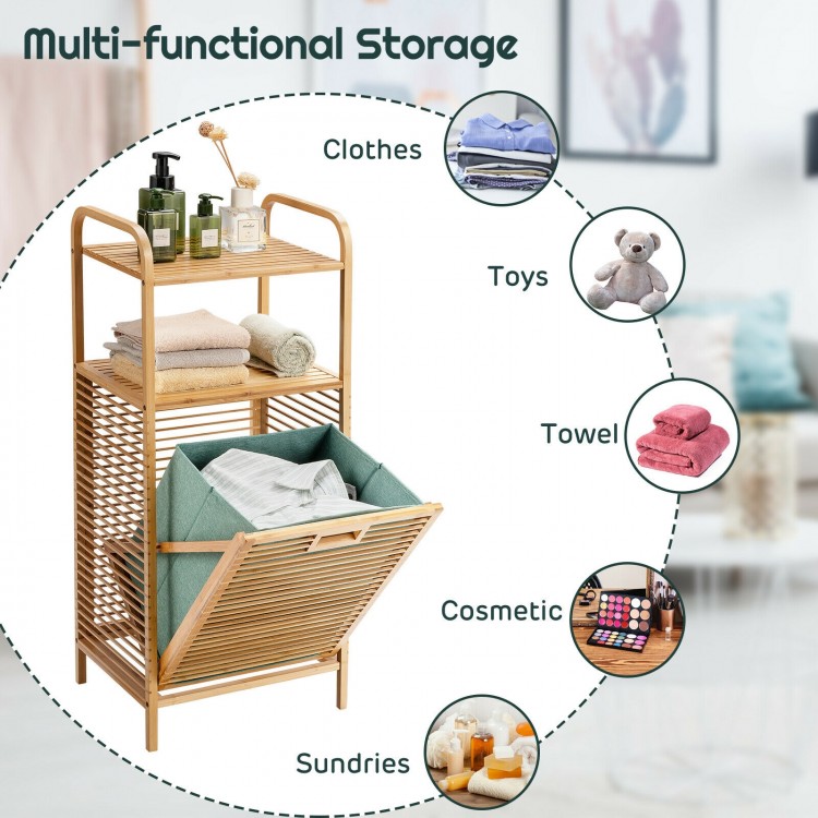 Tilt-out bamboo laundry hamper with 2-tier shelf, removable liner, and natural finish for versatile storage in any room.