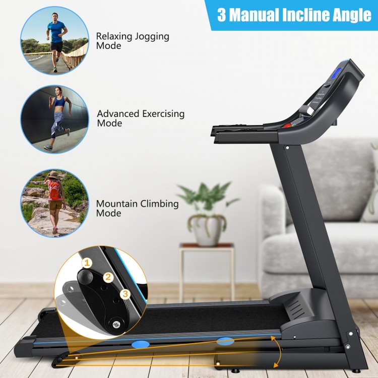 Folding electric treadmill with adjustable incline, blue backlit LCD display, and heavy-duty steel frame for home.