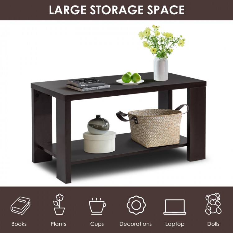 Rectangular coffee table with storage shelf, made of engineered wood, perfect for living room or office use.