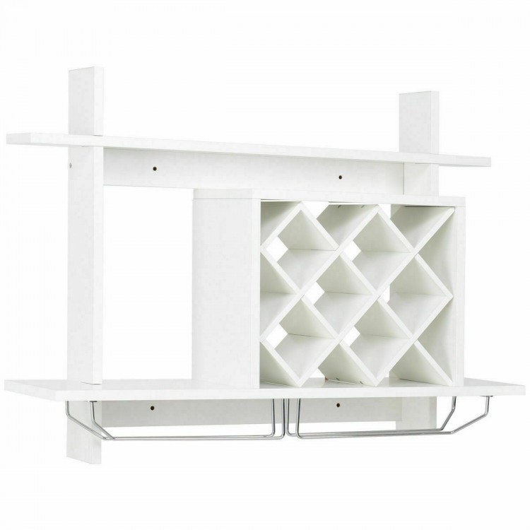 Wall-mounted wine rack organizer in white with glass holder, storing six bottles and displaying decor items.