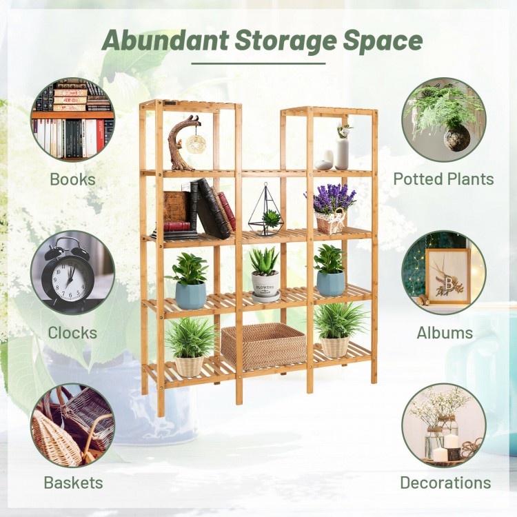 5-tier bamboo shelf with 12 cubes, ideal for displaying plants, books, and decorations in any room.