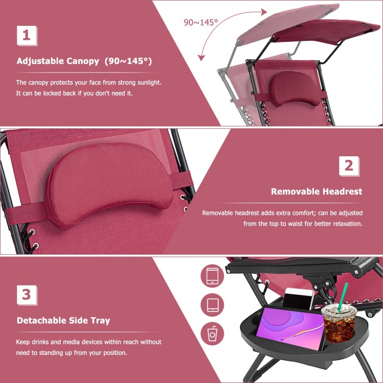 Folding recliner lounge chair featuring a removable headrest and side tray for added convenience and comfort outdoors.