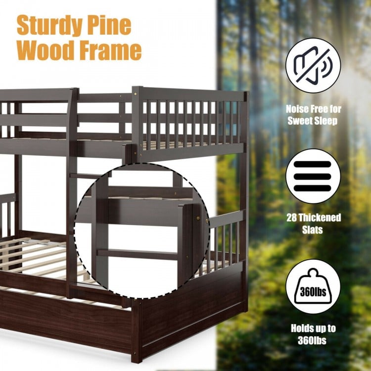 Full over full bunk bed in brown with sturdy pine wood frame, 28 slats, and guardrails for safety in compact spaces.