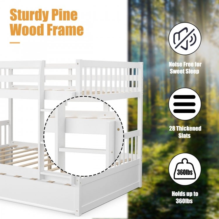 Full over full bunk bed with sturdy pine wood frame, 28 slats, and trundle, perfect for kids' rooms or guest spaces.