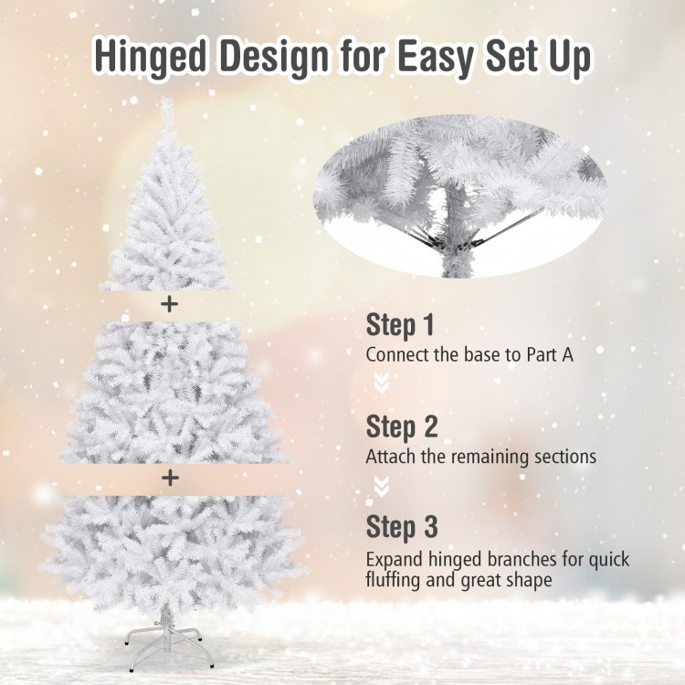 Hinged design for easy setup of a 6 ft artificial Christmas tree with thick branches and solid iron base.