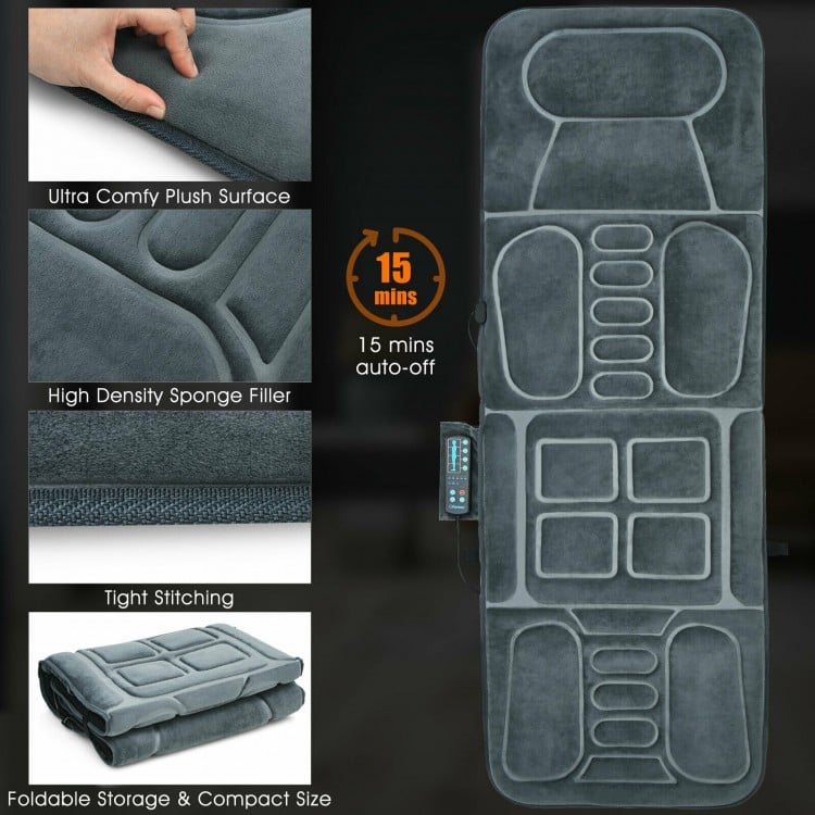 Foldable massage mat featuring a plush surface, 10 vibration motors, and lumbar heat therapy for muscle relief.