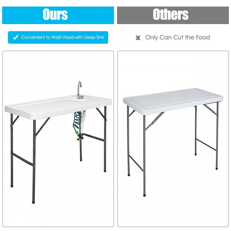 Folding cleaning sink table with sprayer, durable plastic, integrated drain, ideal for outdoor cleaning and potting.