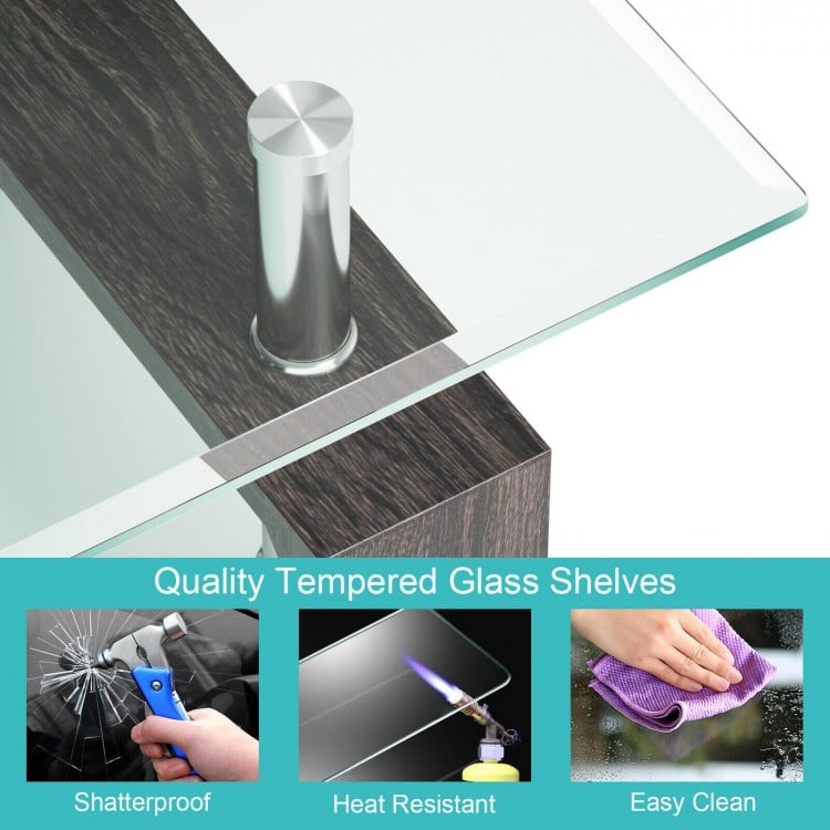 Rectangular coffee table with clear tempered glass top and powder-coated steel, featuring a bottom shelf for storage.