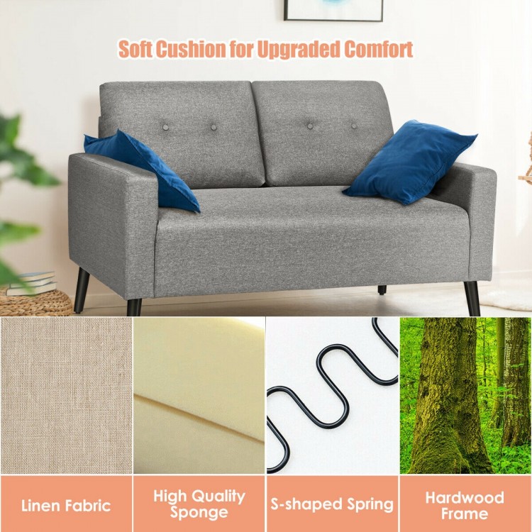 Gray 55-inch modern loveseat sofa with soft linen fabric cushion and solid rubber wood legs for comfortable living room.