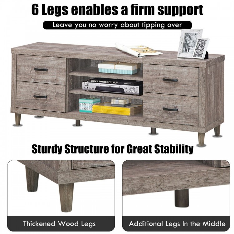 Retro wooden TV stand with 3 open shelves and 4 drawers, featuring 6 thickened legs for exceptional stability.