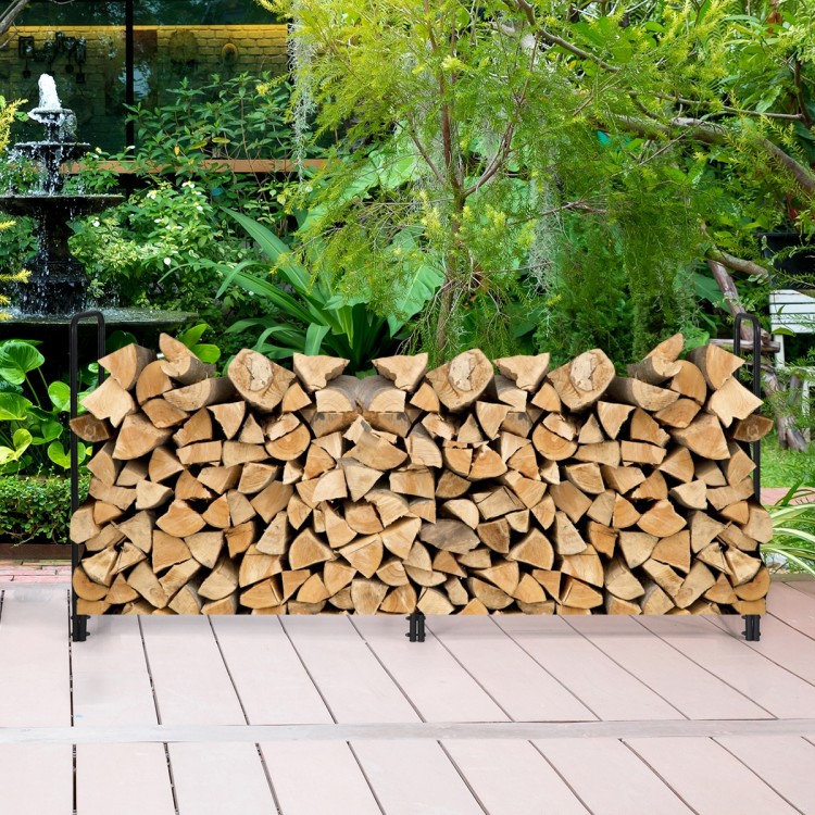 8-foot outdoor steel firewood log rack with heavy-duty frame, storing logs off the ground for better airflow and.
