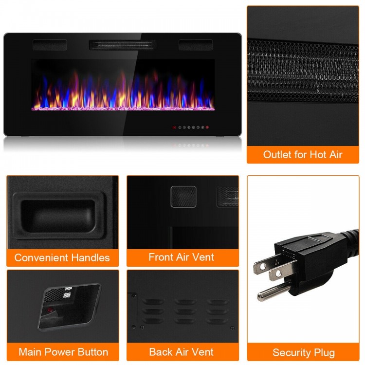42-inch recessed electric fireplace with 12 flame colors, remote control, and front air vent for efficient heating.