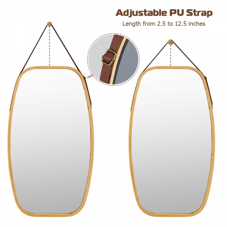 30-inch modern rectangle wall-mounted mirror with adjustable leather strap and bamboo frame, perfect for any room decor.