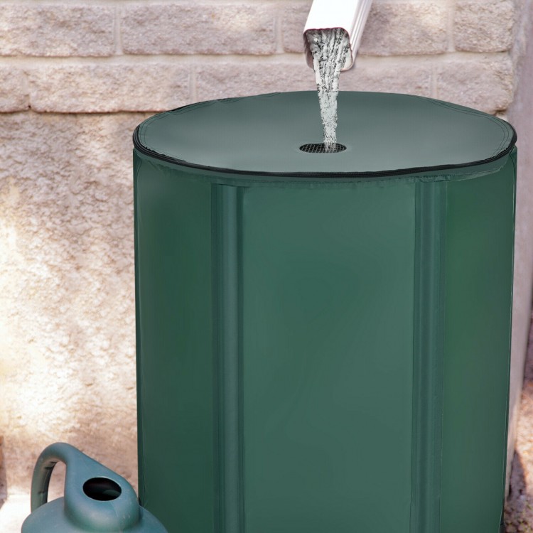 Collapsible 53-gallon rain barrel in green with water inlet filter, ideal for efficient water collection.