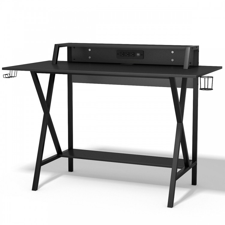 All-in-one professional gaming desk in black with cup and headphone holders, featuring a sturdy metal frame and power.