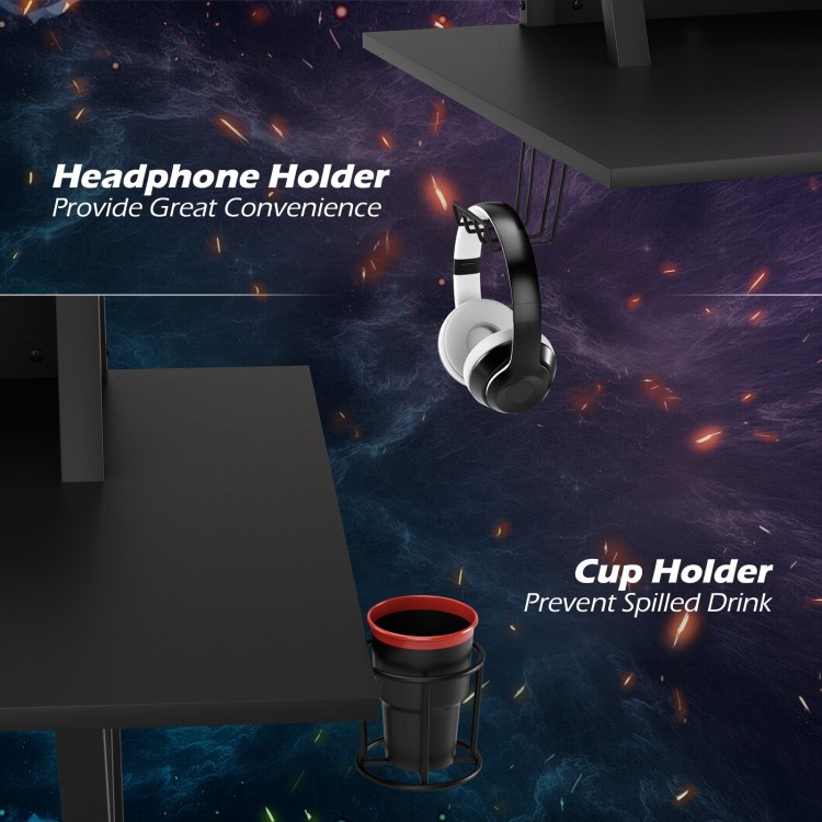 Gaming desk featuring a cup holder and headphone holder for convenience, designed for stability and multi-functional.