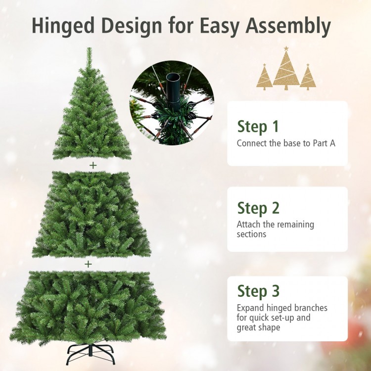 Hinged design for easy assembly of the 9 ft Premium Artificial Christmas Tree with sturdy metal stand and 1346 tips.
