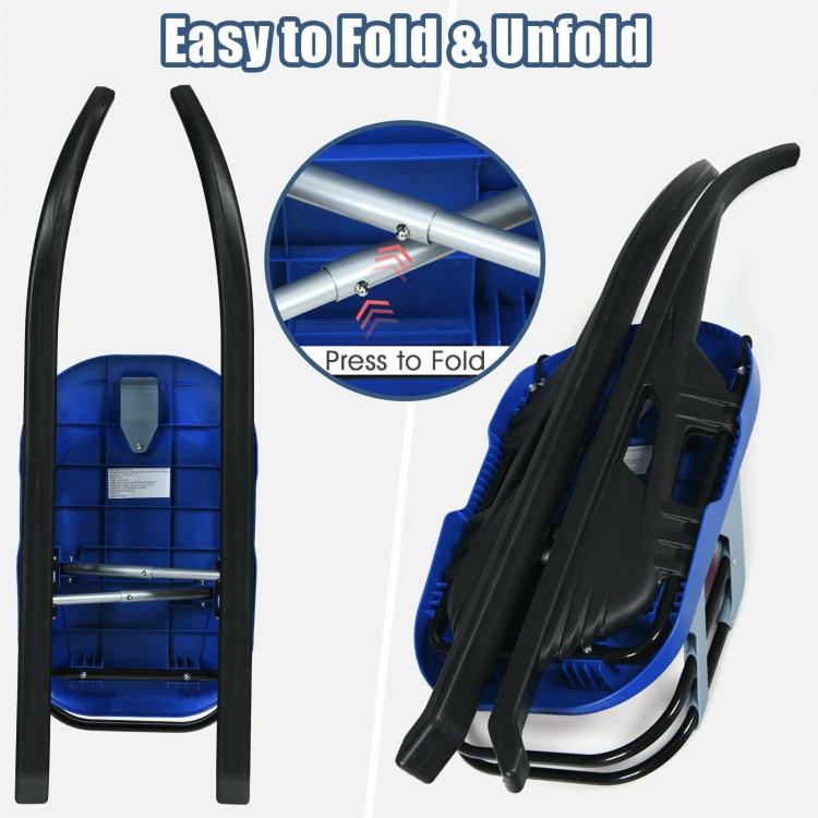 Foldable kids' metal snow sled with leather seat, featuring a pull rope for easy transport and storage.