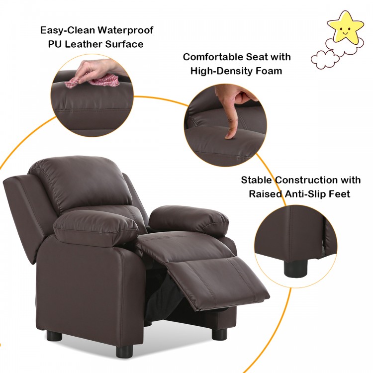 Brown PU leather kids sofa armchair recliner with storage arm, comfortable high-density foam seat for children's.