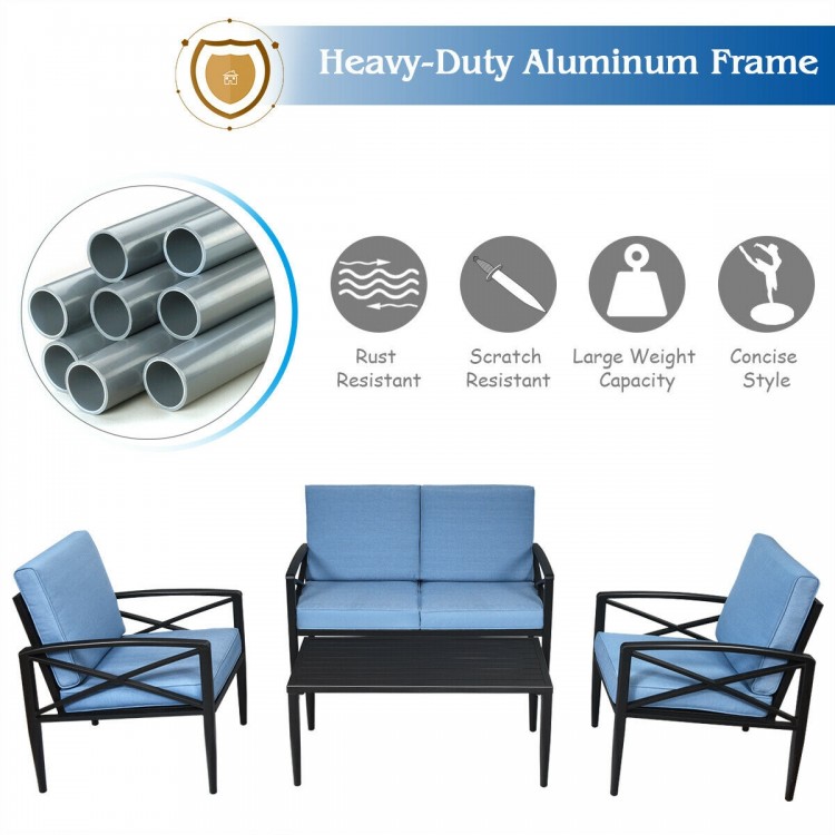 Cushioned loveseat and two single sofas from a 4-piece patio furniture set with a heavy-duty aluminum frame.