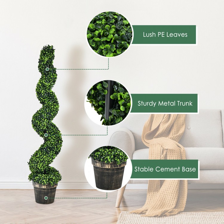 Artificial spiral boxwood topiary with lush PE leaves, sturdy metal trunk, and stable cement base for indoor or outdoor.