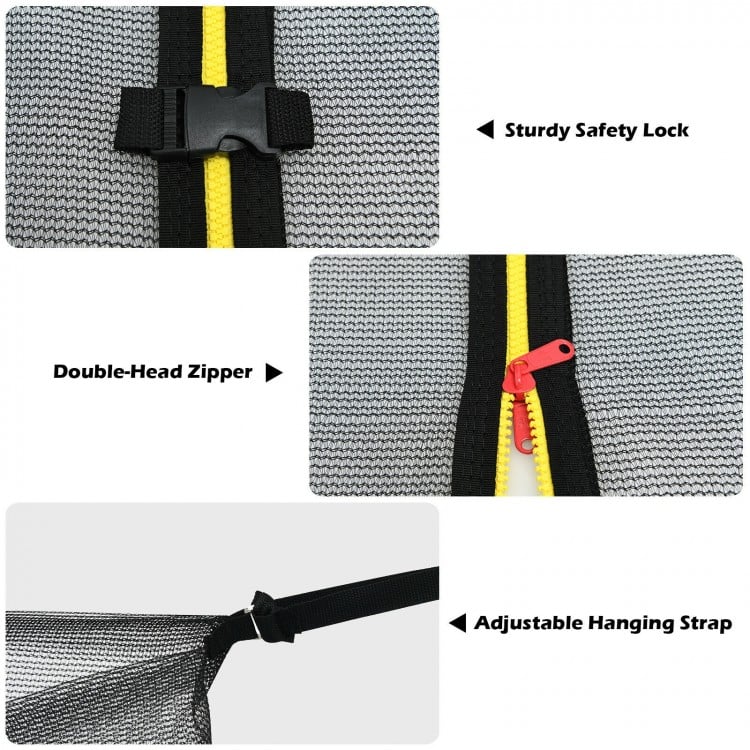 Close-up of the double-head zipper and sturdy safety lock on a 14ft trampoline safety enclosure net for enhanced.