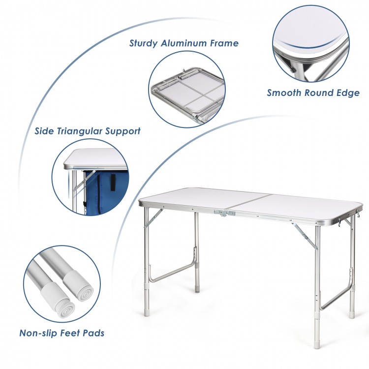Height adjustable folding camping table in blue with sturdy aluminum frame and triangular support for outdoor use.
