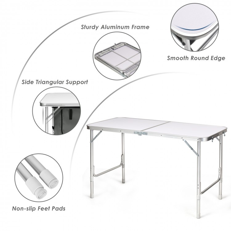 Height adjustable gray folding camping table with sturdy aluminum frame and triangular support for enhanced stability.