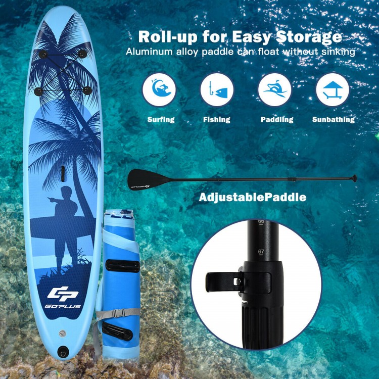 Inflatable stand-up paddleboard with adjustable floating paddle, ideal for surfing, fishing, and yoga on water.